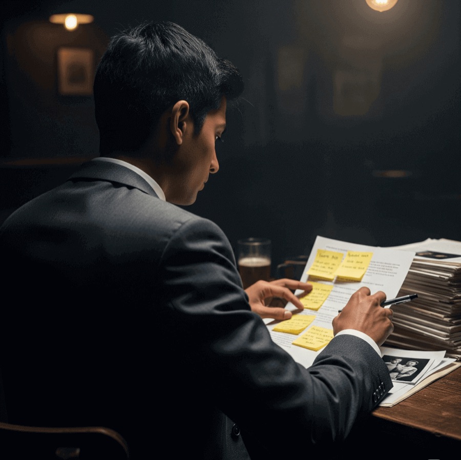 A Hidden Door investigator reviewing case documents at the agency's Guwahati office